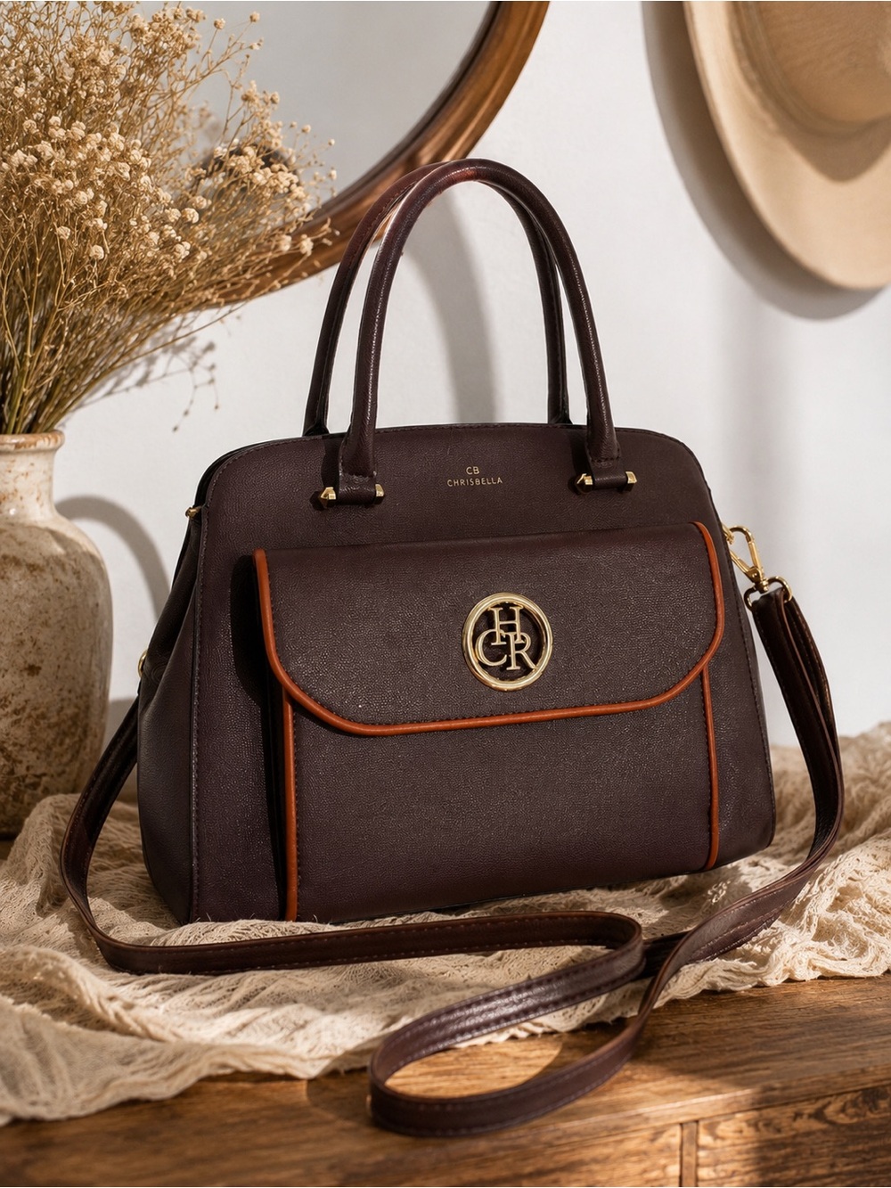 Dark Brown Satchel with Tan Trim